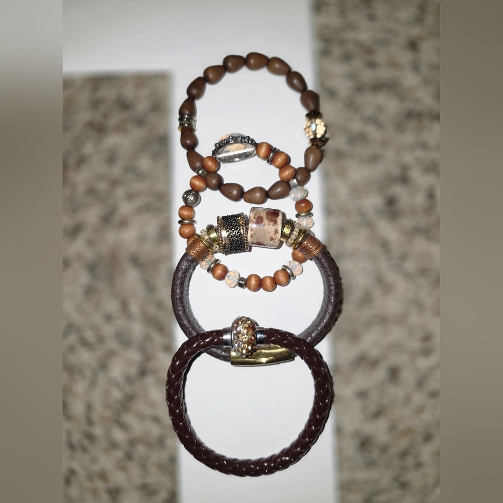Brown Beaded and Leather Stackable Bracelet Set